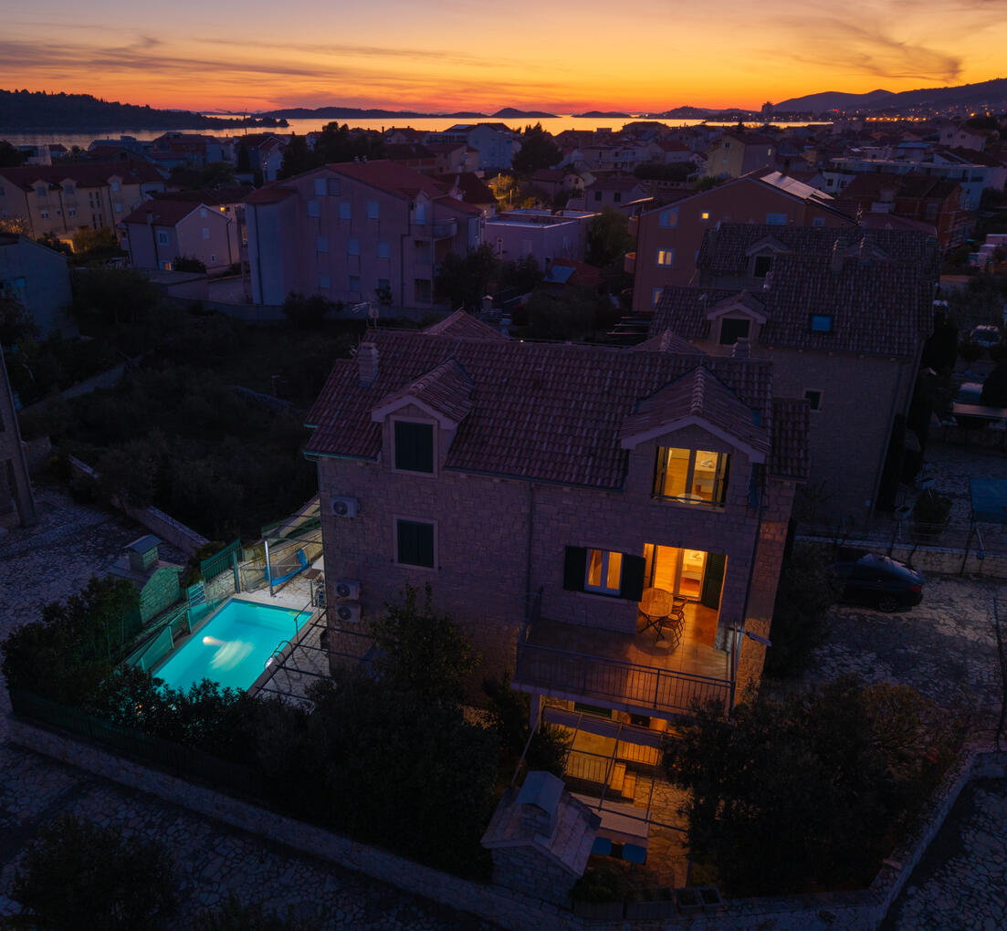Evening aerial view of the villa Evening aerial view of the villa